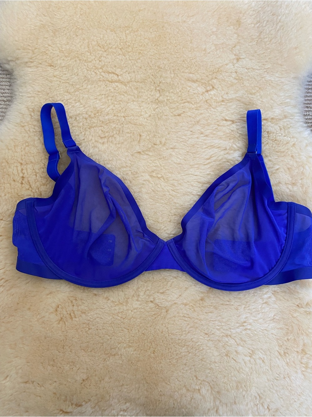 CUUP Plunge Bra Cobalt Blue Sheer Underwire Bra Unlined Mesh 34H